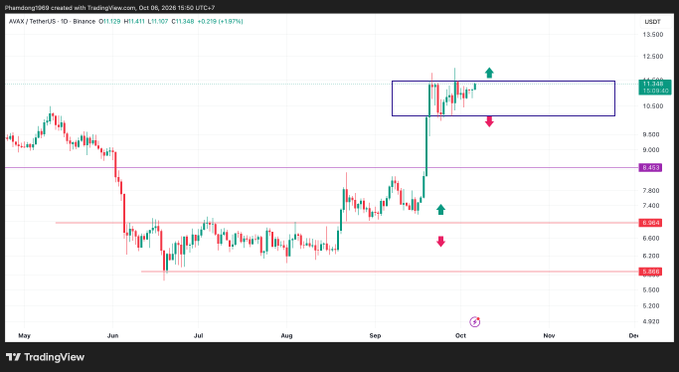 A daily candlestick chart for AVAX/TetherUS on Binance showing a recent breakout above the 9.243 resistance level, with a purple box highlighting a potential consolidation or reversal zone between approximately 10.70 and 11.00.