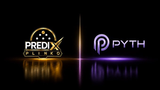 The image displays the logos of "PREDIX PLINKO" (in gold) and "PYTH" (in purple) against a black background, representing a collaboration between the two platforms. This visually supports the post's claim about Plinko's streamlined, live-data-driven prediction market model powered by Pyth's real-time ETH/USD price feeds.