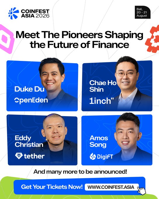 Coinfest Asia 2026 promotional poster (Bali, 20-21 August) titled 'Meet The Pioneers Shaping the Future of Finance' featuring Duke Du (OpenEden), Chae Ho Shin (1inch), Eddy Christian (Tether), and Amos Song (DigiFT).