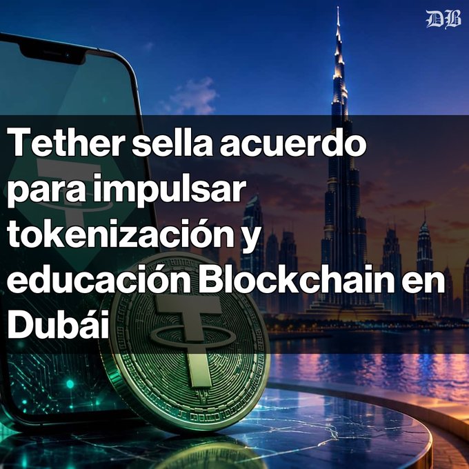 The image features an old cell phone with a coin sitting on top of it, along with text that reads "Tether y DMCC firman un acuerdo histórico en Dubái Se exploraran iniciativas de tokenización y educación en blockchain El proyecto incluye talleres y asesoría a más de 26,000 empresas". The coin is placed on the phone's screen.

The text suggests that someone has sold an old cell phone and is now selling tokens for education purposes in Dubai. This post seems to be promoting the idea of using digital tokens for educational purposes or starting a new business related to tokenization.