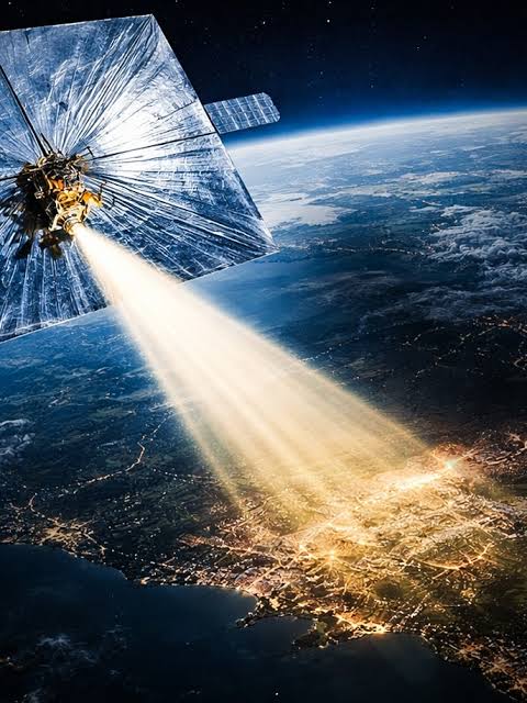 A dramatic sci-fi illustration shows a satellite with large reflective solar panels beaming a powerful beam of light down onto Earth, illuminating city lights below against the backdrop of space.