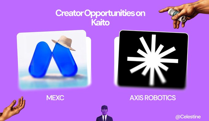 Purple promotional graphic for 'Creator Opportunities on Kaito' featuring MEXC and AXIS ROBOTICS logos, credited to @Celestine.