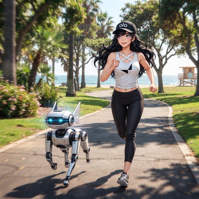 An anime-style illustration shows a smiling woman with long black hair jogging alongside a small white robot on a beachside path lined with palm trees.
