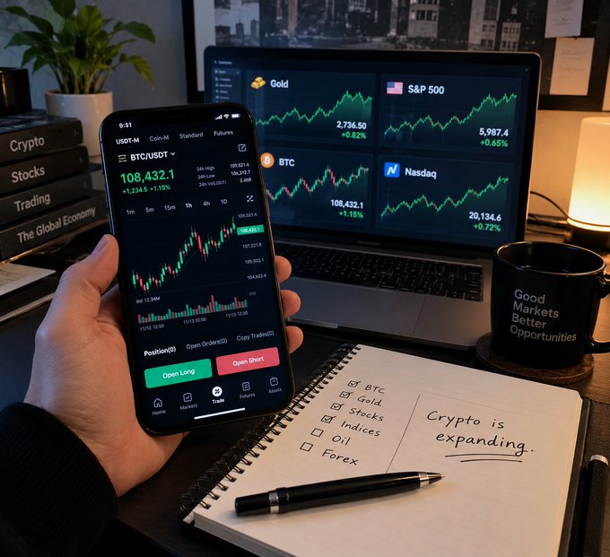 A workspace scene showing a hand holding a smartphone displaying a BTC/USDT trading chart, with a laptop in the background showing charts for Gold, S&P 500, and Nasdaq, alongside a notebook with "Crypto is expanding" written on it and a mug reading "Good Markets Better Opportunities".