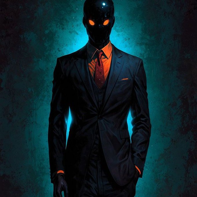 A digital artwork depicts a mysterious figure in a dark three-piece suit with an orange shirt, tie, and glowing orange eyes, set against a teal background.