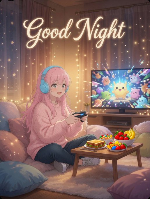 An anime-style illustration of a pink-haired girl with headphones playing video games in a cozy, fairy-lit room, with the words 'Good Night' written above.