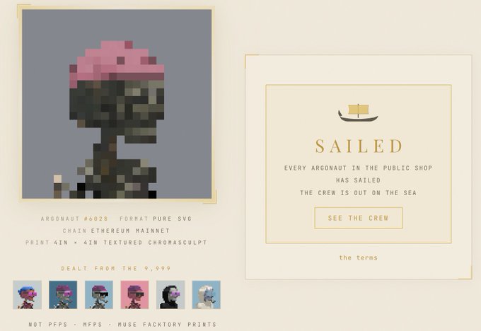 The image displays a sold-out announcement page for a "10k PFP collection" called "Argonaut," with NFT #6028 featured as a pixelated figure wearing a pink cap, priced at 0.999 ETH (~$300), matching the post's claim of a $3M sellout at $300 each.