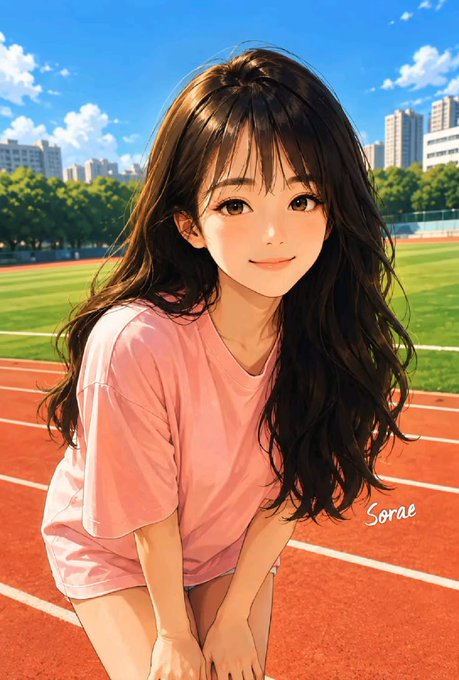 A young woman with long dark hair in a pink t-shirt kneels on a red running track, smiling at the camera with the text "Sorae" signed in the corner. The image appears unrelated to the Web3 post about BeldexCoin and privacy-focused tools, serving instead as a casual portrait illustration.