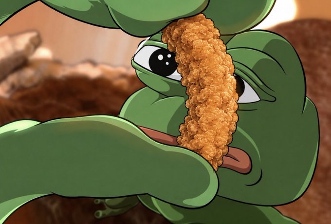 An animated close-up of a green creature with wide eyes holding a piece of fried chicken to its face.