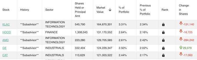 A financial portfolio table displaying stocks including 'KLAC', 'HOOD', 'AMD', 'GE', and 'CAT', all marked as '**Subadvisor**', with most showing a decrease in shares except GE which shows an increase of 29,079.
