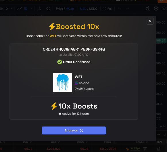 A cryptocurrency trading interface displays a 'Boosted 10x' confirmation popup for a WET token boost pack on Solana, with order number #HQWN1ABR1IPNDRFG9R4G dated Jul 21st 01:02 UTC and a 'Share on X' button.