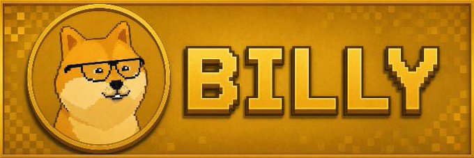 A pixel art graphic featuring a Shiba Inu dog wearing glasses inside a coin, next to the text 'BILLY' in gold pixel font.