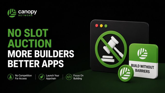 An advertisement for Canopy Network with the text "NO SLOT AUCTION MORE BUILDERS BETTER APPS" and "BUILD WITHOUT BARRIERS," featuring a crossed-out gavel icon and a list of benefits: "No Competition For Access," "Launch Your Appchain," and "Focus On Building."