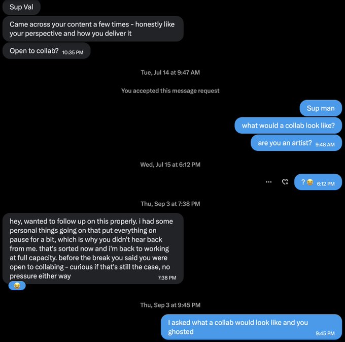 An iMessage conversation showing someone named 'Sup Val' reaching out about a potential collaboration, with messages asking 'what would a collab look like?' and 'are you an artist?', followed by a later message noting they were ghosted.