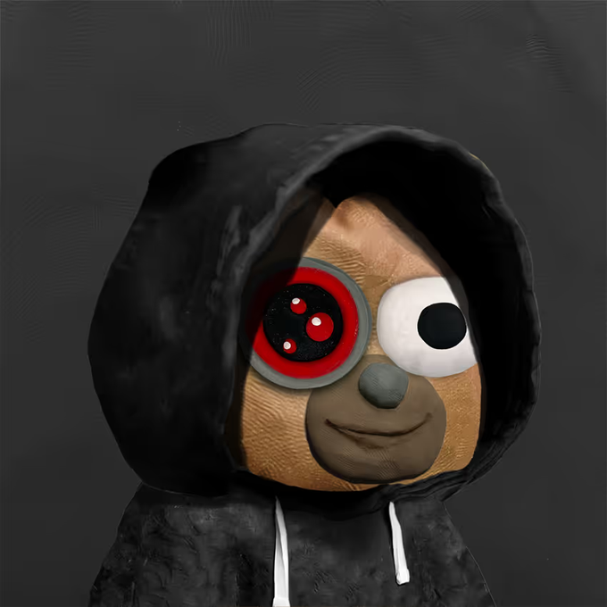 A 3D-rendered image of a brown bear character wearing a black hoodie. The bear has a red and black mechanical eye and a large googly eye, set against a dark gray background.
