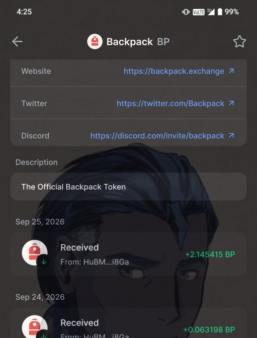 A mobile screen displaying the Backpack BP token page with website, Twitter, and Discord links, along with recent transaction history.