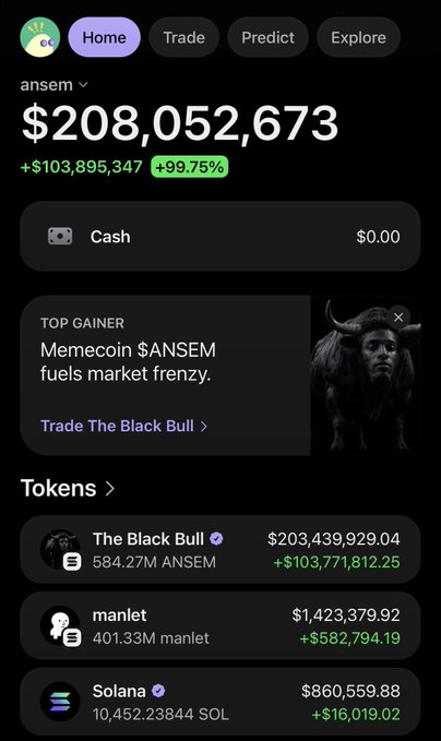 A crypto trading app screenshot displays a portfolio for user "ansem" showing a total value of $208,052,673 with a +99.75% gain (+$103,895,347), highlighting holdings like "The Black Bull" ($ANSEM) and Solana. The image illustrates massive portfolio gains, likely used to demonstrate credibility for the $ANSEM airdrop giveaway mentioned in the post.