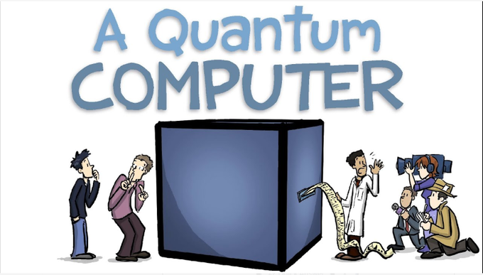 A cartoon illustration titled 'A Quantum COMPUTER' showing confused scientists surrounding a mysterious blue cube while another scientist feeds it a paper printout.