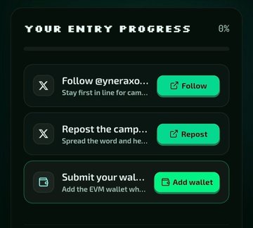 A digital entry progress screen at 0% with tasks to Follow @yneraxo..., Repost the camp..., and Submit your wallet address.