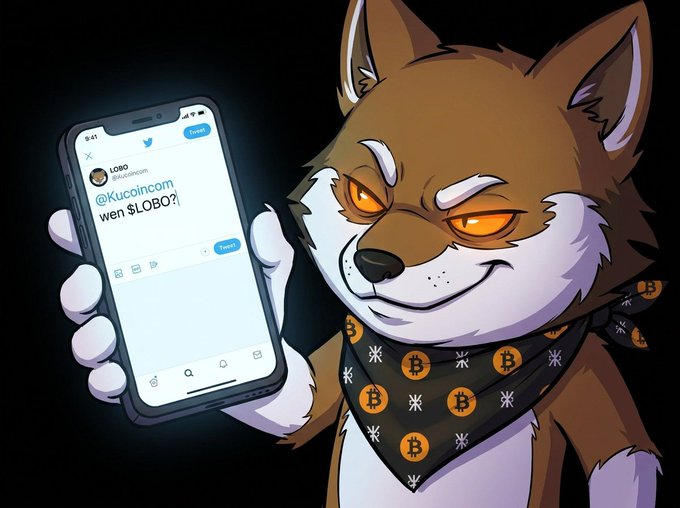 The image features a cartoon brown dog dressed up as a person holding an iPhone and displaying a message from another user named "kucoincom". The dog has black and white accents, along with a bowtie that matches the color scheme of its owner's phone case. In the background, there is a dark setting that emphasizes the importance of the message displayed on the dog's phone screen. The post in question encourages trading or buying Bitcoin, possibly related to the content shown in the image.