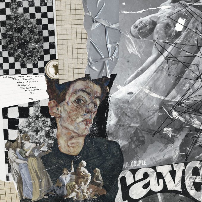 The image features a black and white collage with several pictures of people arranged within it. In one of these pictures, there's an illustration of a man wearing a suit and tie, depicted as looking at the viewer. The text on the image reads "Desire your soul free will open up new worlds;. To be yourself is the beginning of freedom. To love freely without fear or hate. To laugh despite your troubles." This message appears to be related to the artist's life experiences and the concept of finding humor in difficult situations, as suggested by Rasoul Younan's interpretation of the collage.