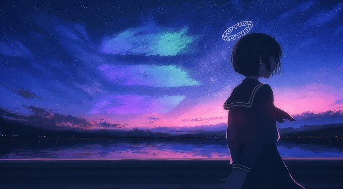 An anime-style illustration of a girl with short hair in a sailor uniform looking at a starry night sky with pink and purple clouds over a lake, with text 'KOTOPI KOTOPI' in the sky.