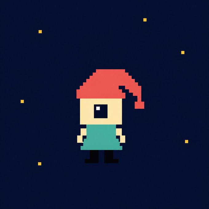 A simple pixel art character with a red pointed hat, a single large black eye, teal clothing, and dark legs, standing against a dark navy blue background with small yellow square stars.