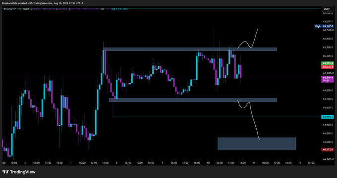 A TradingView candlestick chart for BTC/USDT on Bybit showing price action between roughly 44,200 and 45,600, with hand-drawn arrows and support/resistance zones indicating a potential bearish move.