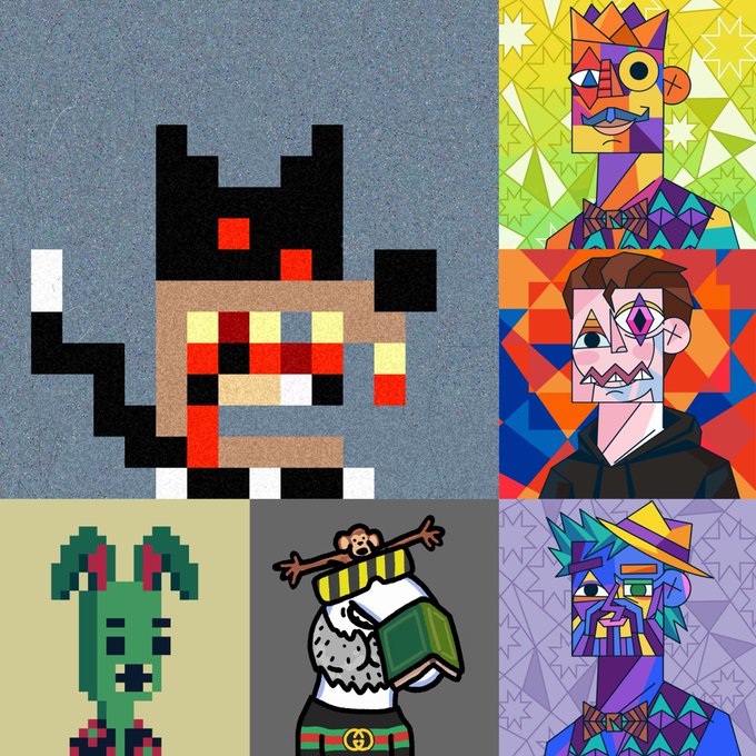 A collage of six colorful NFT-style character artworks in various pixelated and geometric art styles.