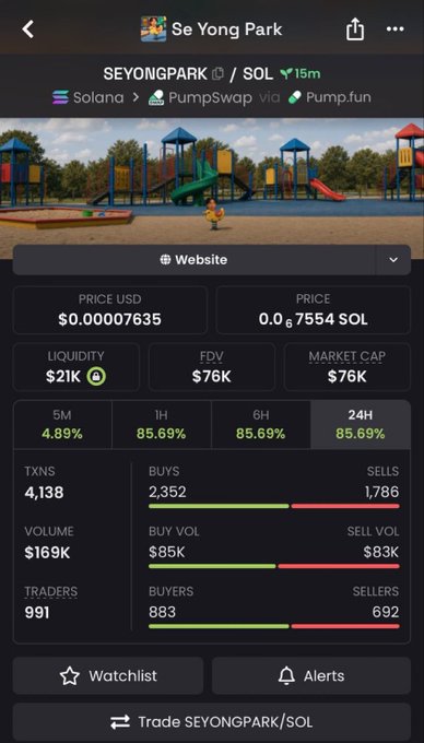 Mobile trading app screenshot for the Solana memecoin SEYONGPARK/SOL on PumpSwap via Pump.fun, showing a playground image, price of $0.00007635, market cap of $76K, and significant 24-hour gains.