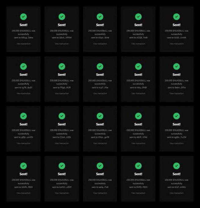 Grid of transaction confirmation cards showing 20 successful sends of 250,000 $SNKEBULL tokens to various recipient addresses, each marked with a green 'Sent!' checkmark.