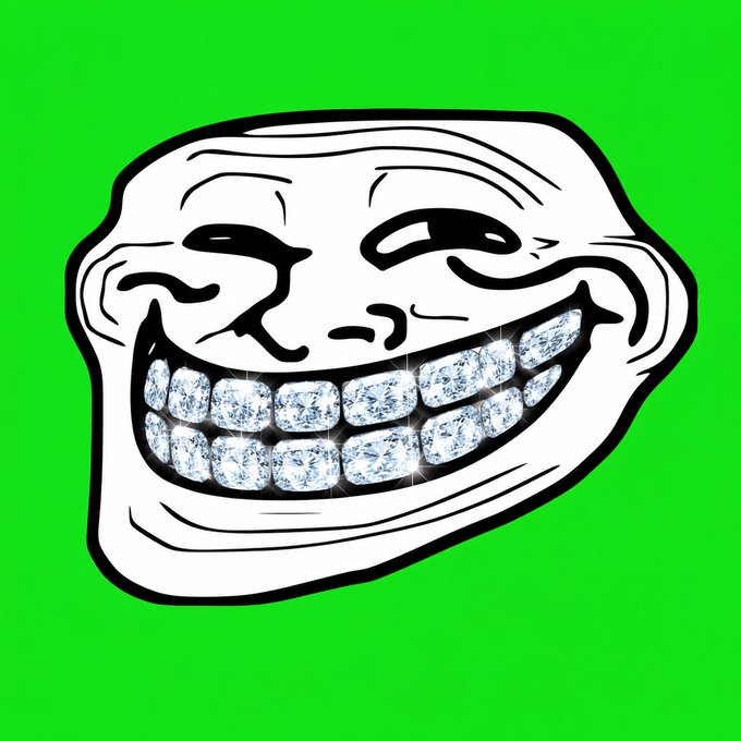A black and white line drawing of a smirking 'Trollface' meme with sparkling diamond-encrusted teeth set against a bright green background.