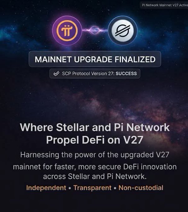 A promotional graphic for a Pi Network Mainnet V27 Upgrade showing 'MAINNET UPGRADE FINALIZED' with 'SCP Protocol Version 27: SUCCESS' and Pi Network and Stellar logos, with text 'Where Stellar and Pi Network Propel DeFi on V27'.