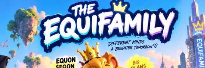 A colorful promotional graphic for "$EQUIFAMILY" featuring the bold title "THE EQUIFAMILY" with a tagline reading "DIFFERENT MINDS A BRIGHTER TOMORROW," alongside floating fantasy islands, castle towers, and a crowned lion character, with "EQUON SPOON" and "BIG PLANS" text elements—visually representing the whimsical AI-driven Equifold ecosystem and meme series described in the post.