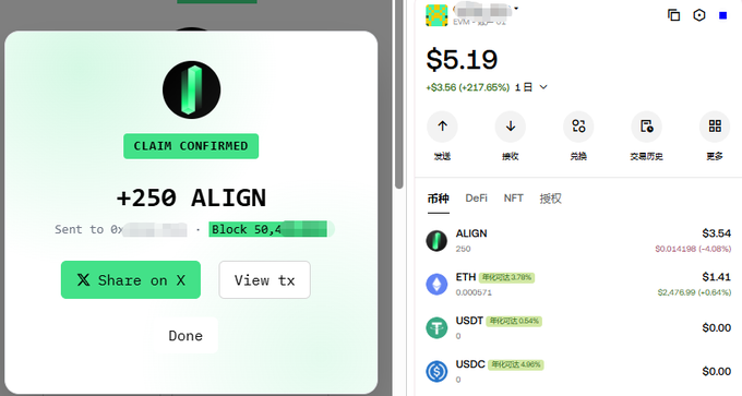 A mobile screenshot showing a successful crypto claim confirmation of +250 ALIGN tokens sent to a partially obscured wallet address on Block 5e,4, with options to share on X or view the transaction. The right side displays a wallet dashboard showing a portfolio valued at $5.19 (+217.65%) with holdings in ALIGN ($3.54), ETH ($3.41), USDT ($0.00), and USDC ($0.00), along with navigation tabs for sending, receiving, swapping, and transaction history in Chinese.