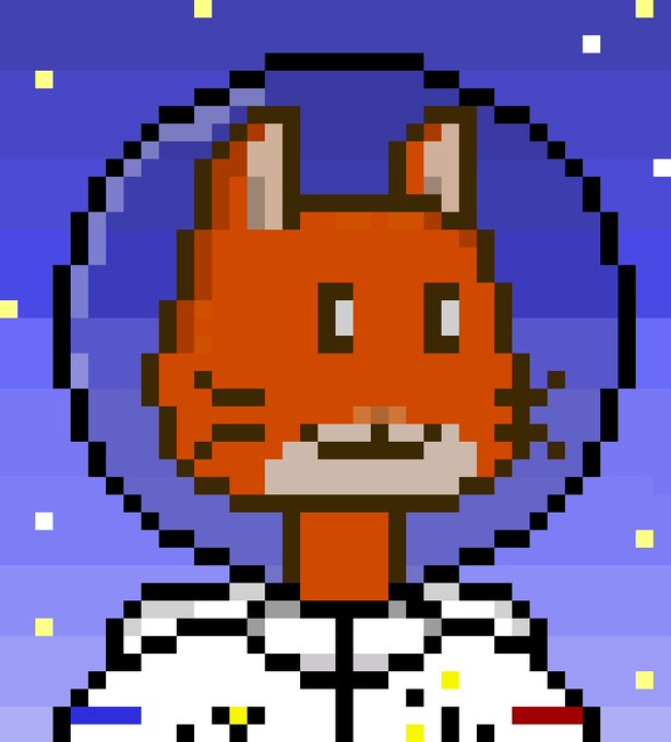 A pixel art depiction of an orange cat-like character wearing a transparent space helmet and a white astronaut suit against a blue starry background.
