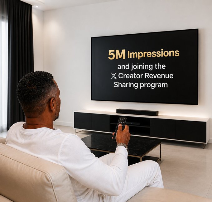 A man watches a TV screen displaying "5M Impressions and joining the X Creator Revenue Sharing program," a visual representation of the post's offer for new creators.