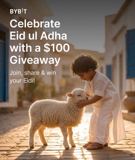The image shows a young child in traditional Muslim clothing interacting with a white sheep, which appears to be a gift or reward from the Eid ul Adha celebration. The photo captures the moment as the boy embraces the animal. There are no other people visible in the picture, and both the child and the sheep are set against an urban backdrop featuring buildings. The text of the image focuses on celebrating Eid ul Adha with a $100 giveaway, emphasizing how one small act can bring joy to the participants involved.