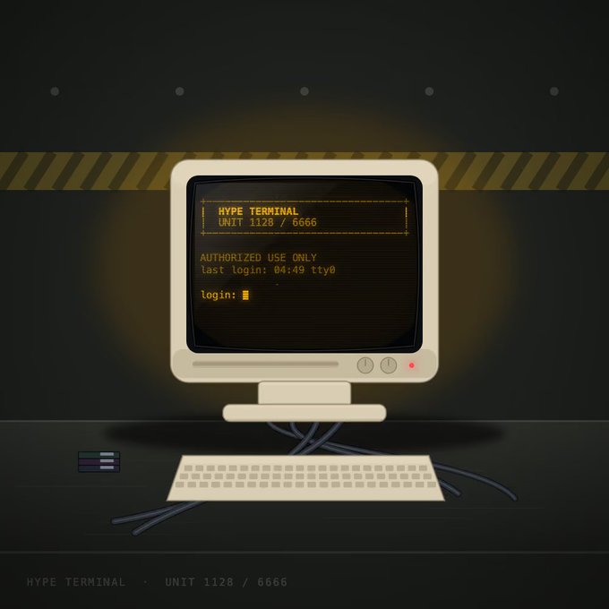 A pixel art-style graphic of a vintage computer terminal displaying 'HYPE TERMINAL UNIT 1128 / 6666' with a 'login:' prompt on a dark background with caution tape.