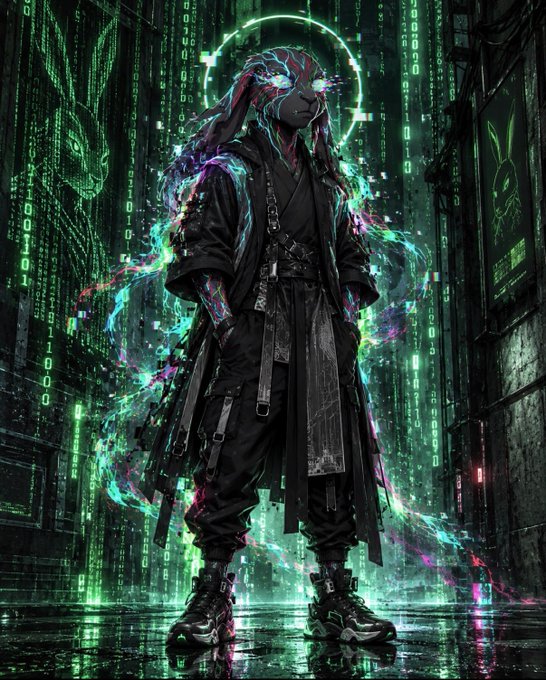 A cyberpunk illustration of a figure with dreadlocks, a mask, and tech-wear surrounded by glowing green binary code and glitch effects.