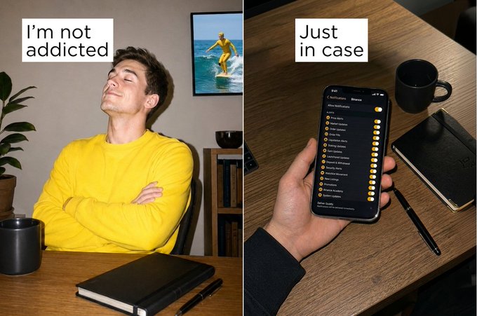 A confident man in a yellow shirt declares "I'm not addicted" while the next panel reveals him anxiously scrolling through notifications labeled "Just in case," perfectly capturing the irony of being one distraction away from losing focus.