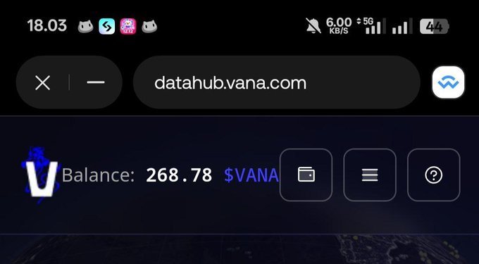 A mobile screenshot showing the datahub.vana.com website displaying a wallet balance of 268.78 $VANA, corresponding to the post celebrating $VANA as a top-tier airdrop that rewarded Telegram miners, testnet users, node runners, and NFT holders across multiple categories.
