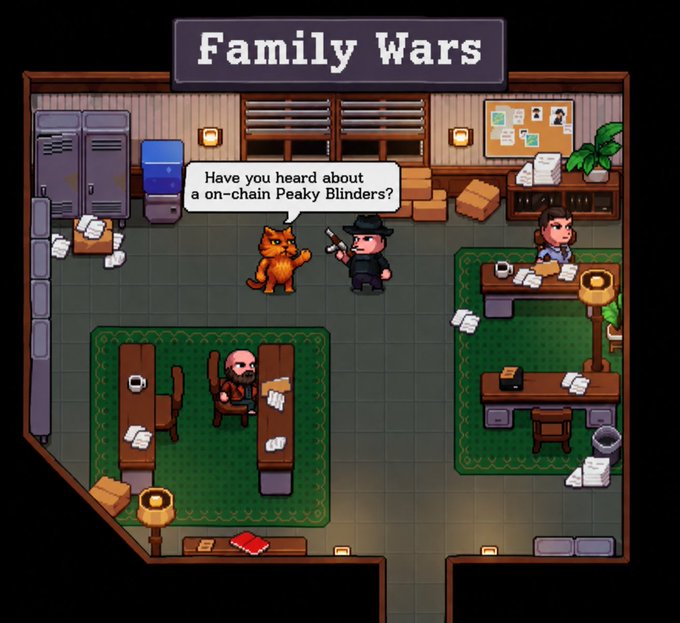 Pixel art titled 'Family Wars' depicting an office scene where a character in a black hat says, 'Have you heard about a on-chain Peaky Blinders?' while an orange cat stands nearby.
