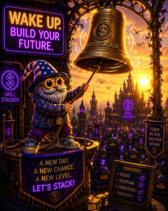 A vibrant digital illustration of a gnome in an American flag hat ringing a large 'SKILL STACKER' bell, surrounded by neon signs reading 'WAKE UP. BUILD YOUR FUTURE.' and 'A NEW DAY. A NEW CHANCE. A NEW LEVEL. LET'S STACK!' along with motivational phrases like 'TODAY WE RISE. TOGETHER WE WIN.' and 'REMEMBER: FOCUS, DISCIPLINE, CONSISTENCY, CREATIVITY.'