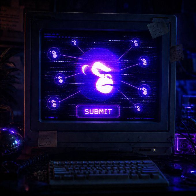 A retro computer monitor displays a glowing purple screen with the Sui (SUI) cryptocurrency logo networked with multiple connected nodes and a 'SUBMIT' button.