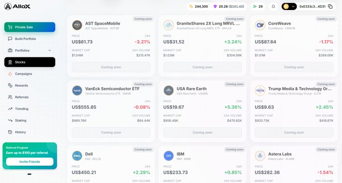 Screenshot of the AlloX platform's Stocks section showing multiple upcoming stock offerings including AST SpaceMobile (ASTS) at US$61.73, GraniteShares 2X Long MRVL, CoreWeave (CRWV), VanEck Semiconductor ETF (SMH), USA Rare Earth (USAR), Trump Media & Technology Group (DJT), Dell (DELL), IBM, and Astera Labs (ALAB).