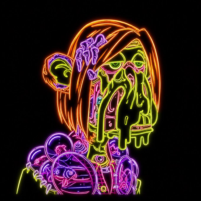 A vibrant neon-style portrait of the character Buzz Lightyear against a black background, glowing in orange, green, and purple lines.