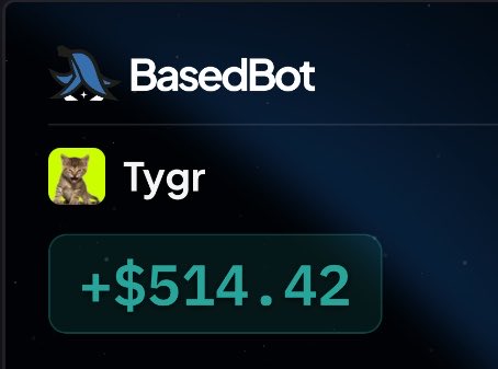 A dark blue screen displaying "BasedBot" and "Tygr" usernames with a cat profile picture, showing a transaction amount of "+$514.42" in green text.