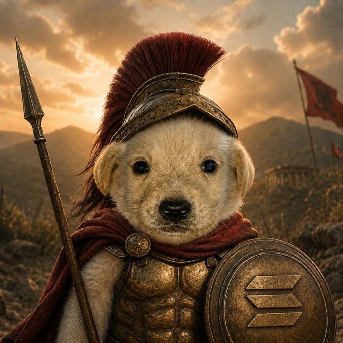 Digital artwork depicting a golden retriever puppy dressed as a Spartan warrior with a red plume helmet, spear, shield, and red cape against a sunset battlefield background.