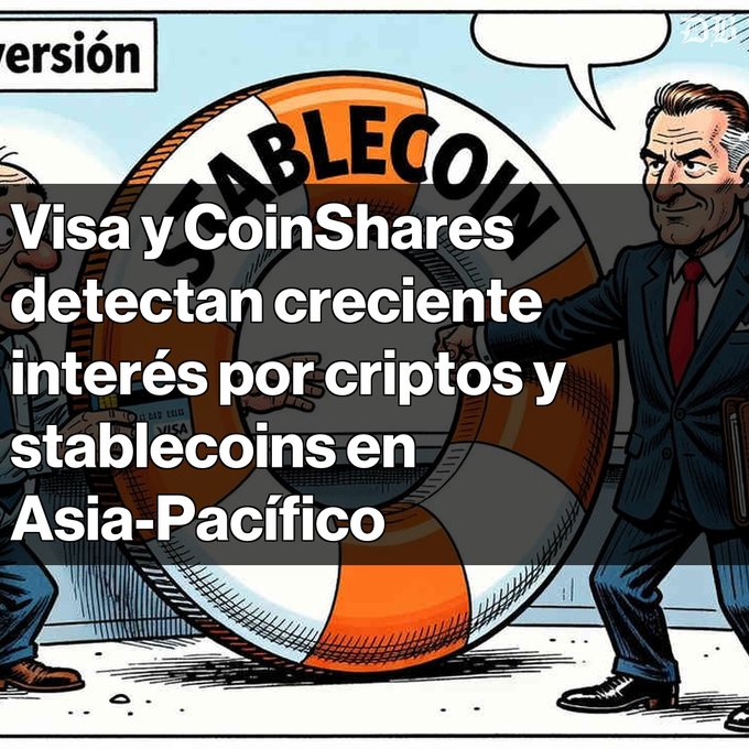 A cartoon illustration of two men pushing a large coin labeled 'STABLECOIN', overlaid with Spanish text reading 'Visa y CoinShares detectan creciente interés por criptos y stablecoins en Asia-Pacífico'.